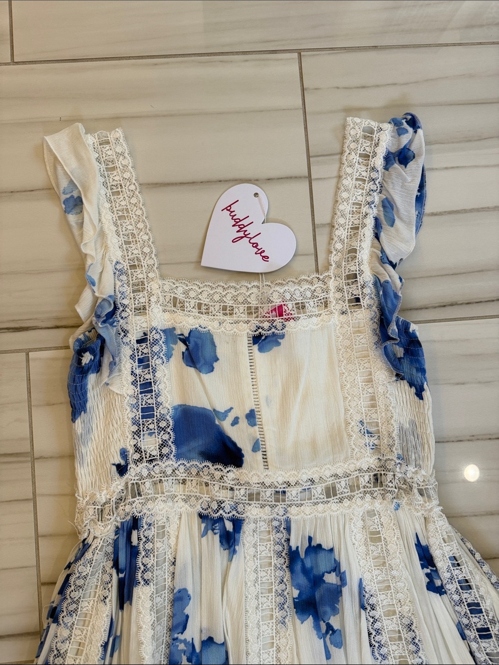 Buddy Love White Dress with Blue Floral Print and Lace Trim - Picture 2 of 4